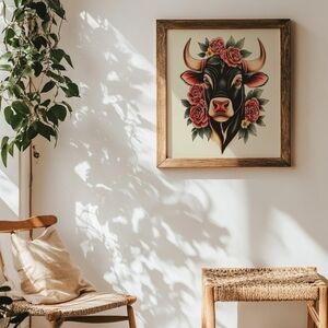 Vintage Western Bull Fine Art Print & Wild West Boho Art Print- Vintage Cowgirl